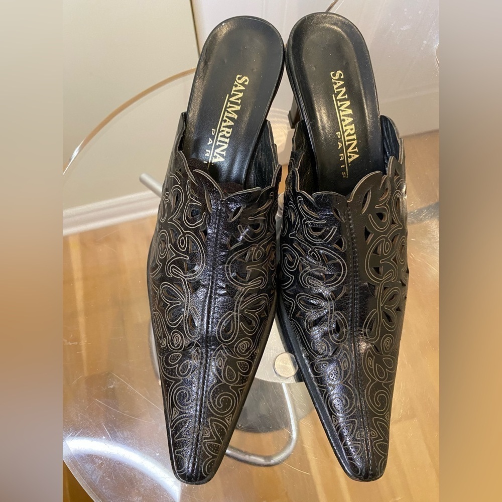 San  Marina Paris/Leather Mules/intricate filigree design/gold design 🤎 - Picture 4 of 14